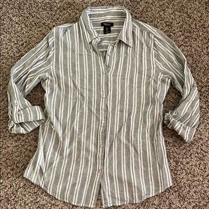 Green Striped Women’s Linen Button Down